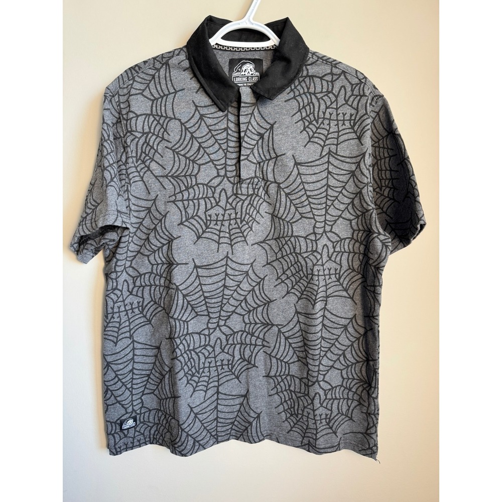 Lurking Class Mens Spider Web Polo Shirt Gray Black M Grunge Skater Gothic
